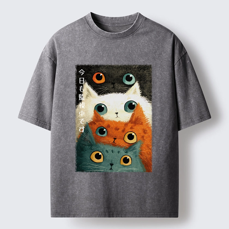 Tokyo-Tiger Watching Stacked Cats Washed T-Shirt