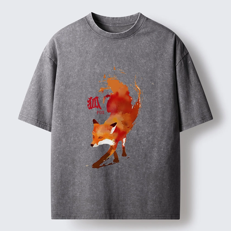 Tokyo-Tiger Watercolor Red Fox Art Washed T-Shirt