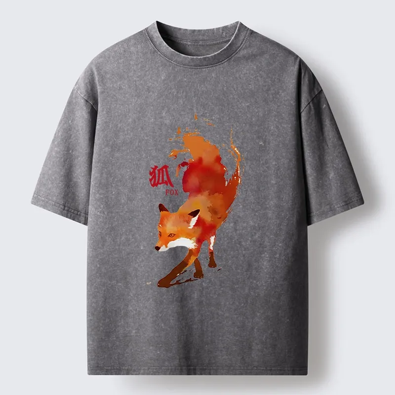 Tokyo-Tiger Watercolor Red Fox Art Washed T-Shirt