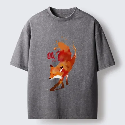 Tokyo-Tiger Watercolor Red Fox Art Washed T-Shirt