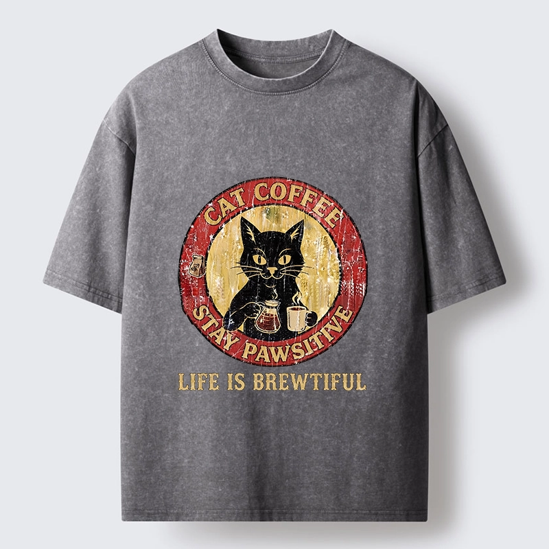 Tokyo-Tiger Cat Coffee Positive Vibes Washed T-Shirt