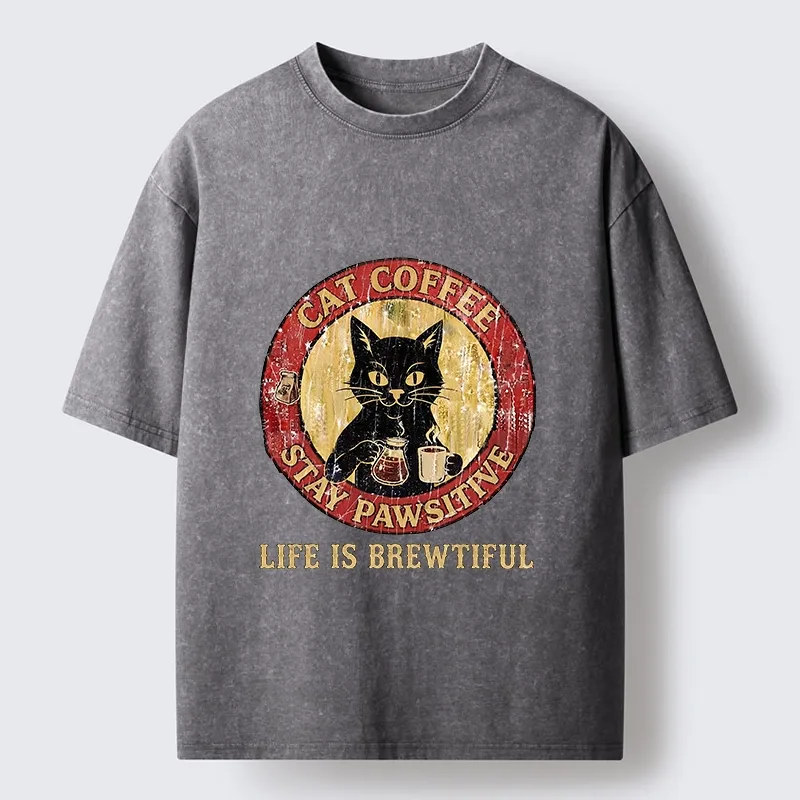 Tokyo-Tiger Cat Coffee Positive Vibes Washed T-Shirt
