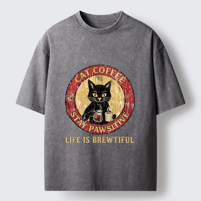 Tokyo-Tiger Cat Coffee Positive Vibes Washed T-Shirt