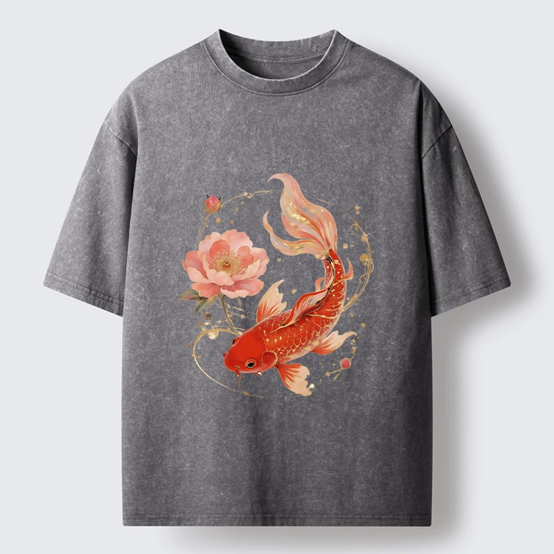 Tokyo-Tiger Lucky Koi Peony Art Washed T-Shirt