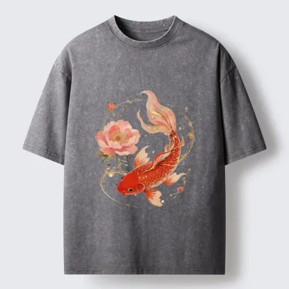 Tokyo-Tiger Lucky Koi Peony Art Washed T-Shirt