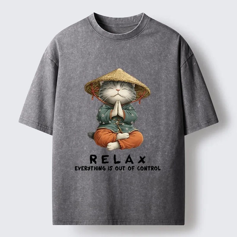 Tokyo-Tiger Zen Relax Cat Graphic Washed T-Shirt