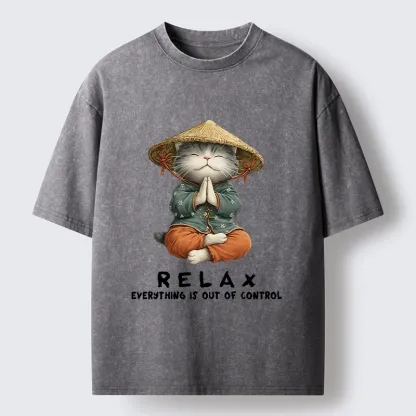 Tokyo-Tiger Zen Relax Cat Graphic Washed T-Shirt