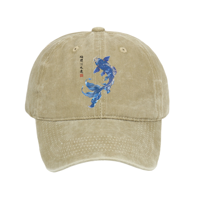 Tokyo-Tiger Lucky Blue Koi Fish Art Washed Cap