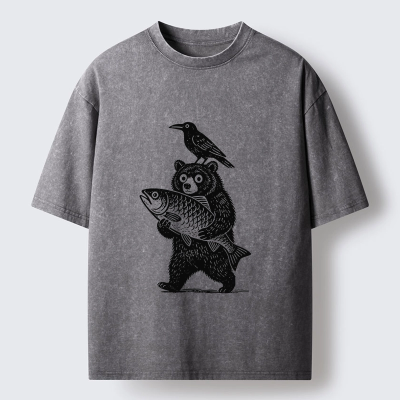 Tokyo-Tiger Bear Fish Crow Print Washed T-Shirt