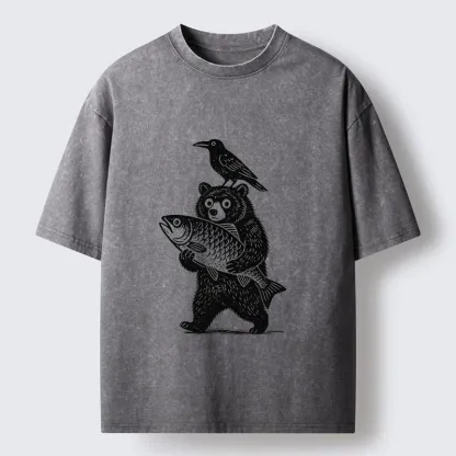 Tokyo-Tiger Bear Fish Crow Print Washed T-Shirt