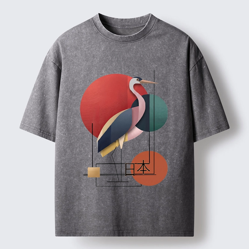 Tokyo-Tiger Geometric Crane Art Washed T-Shirt