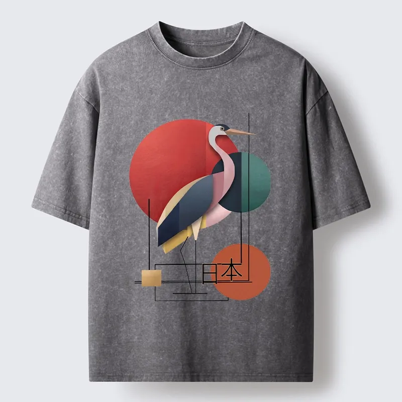 Tokyo-Tiger Geometric Crane Art Washed T-Shirt