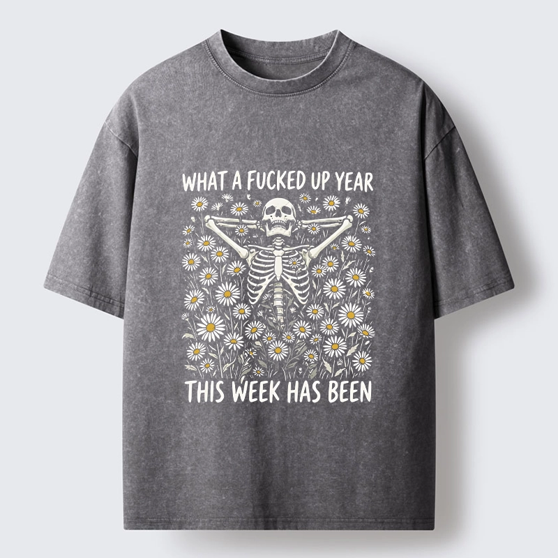 Tokyo-Tiger Bad Week Skeleton Quote Washed T-Shirt