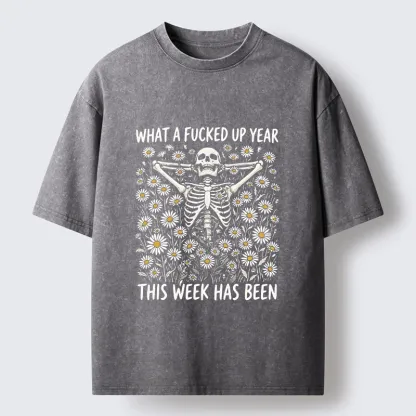 Tokyo-Tiger Bad Week Skeleton Quote Washed T-Shirt