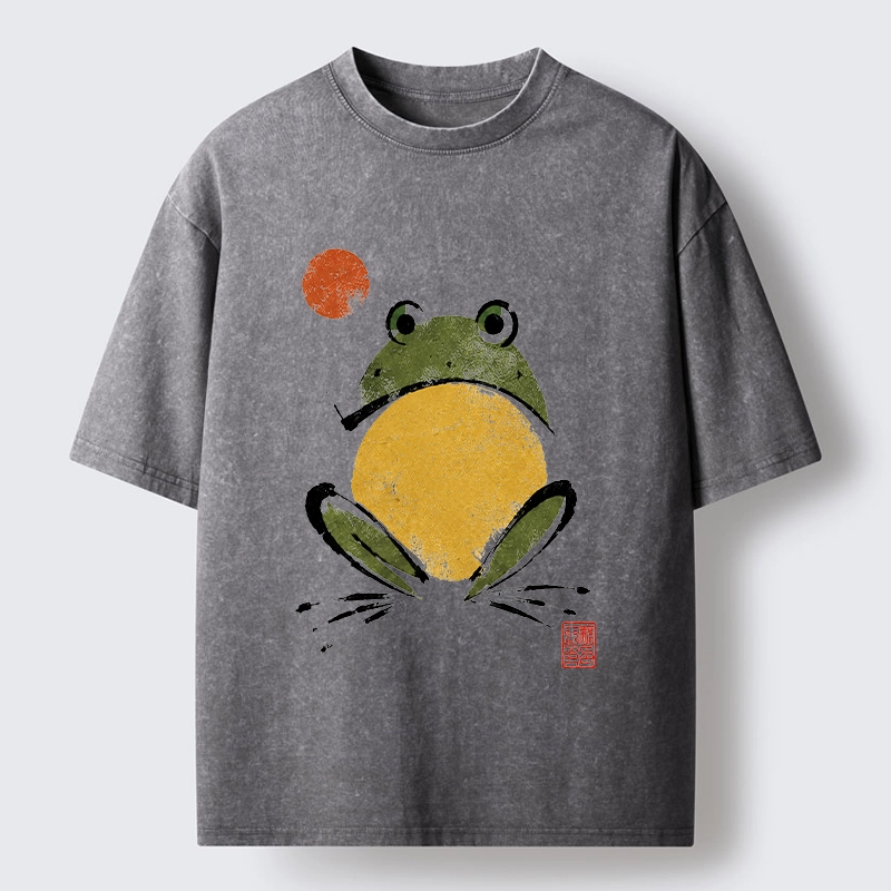 Tokyo-Tiger Ink Style Frog Art Washed T-Shirt