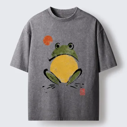 Tokyo-Tiger Ink Style Frog Art Washed T-Shirt
