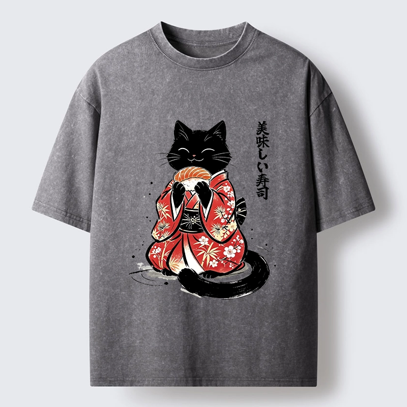 Tokyo-Tiger Sushi Loving Black Cat Washed T-Shirt