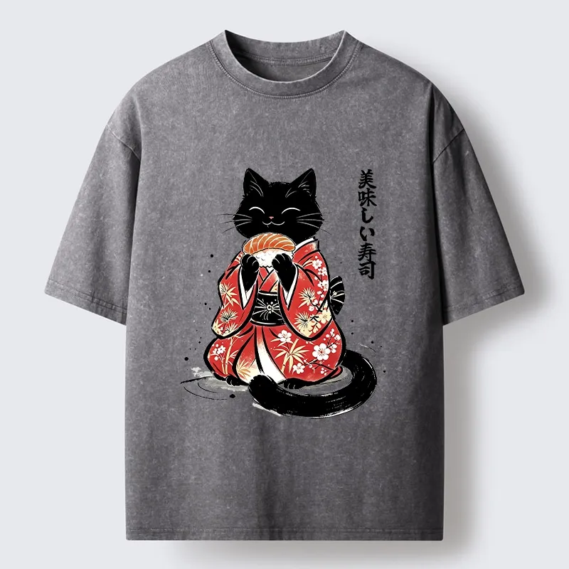 Tokyo-Tiger Sushi Loving Black Cat Washed T-Shirt