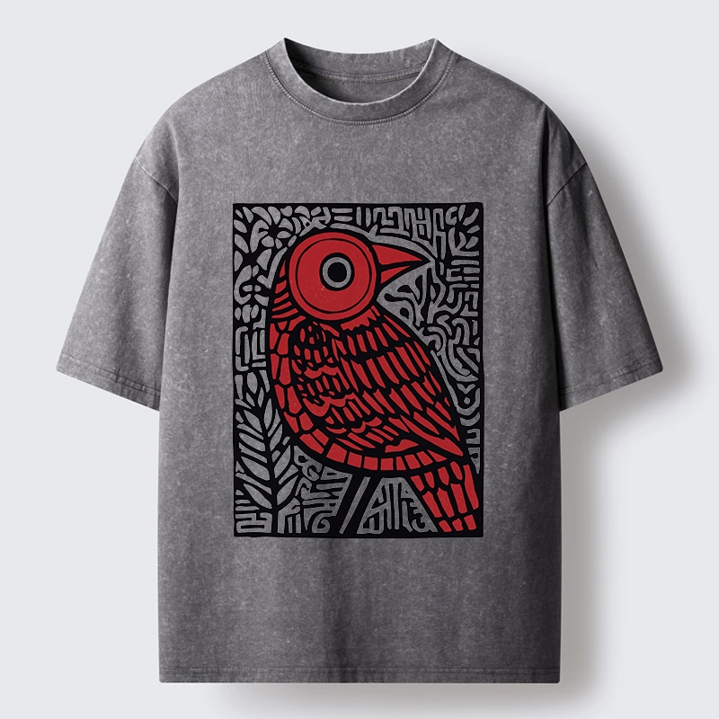 Tokyo-Tiger Retro Woodblock Bird Washed T-Shirt