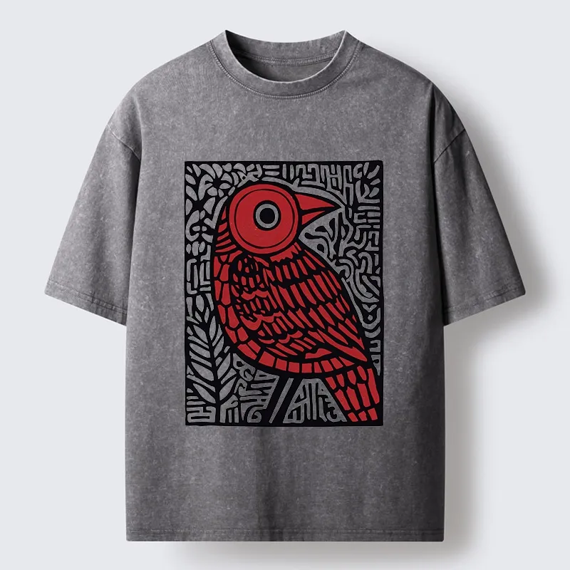 Tokyo-Tiger Retro Woodblock Bird Washed T-Shirt
