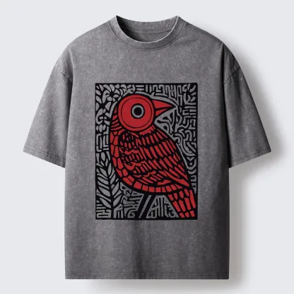 Tokyo-Tiger Retro Woodblock Bird Washed T-Shirt