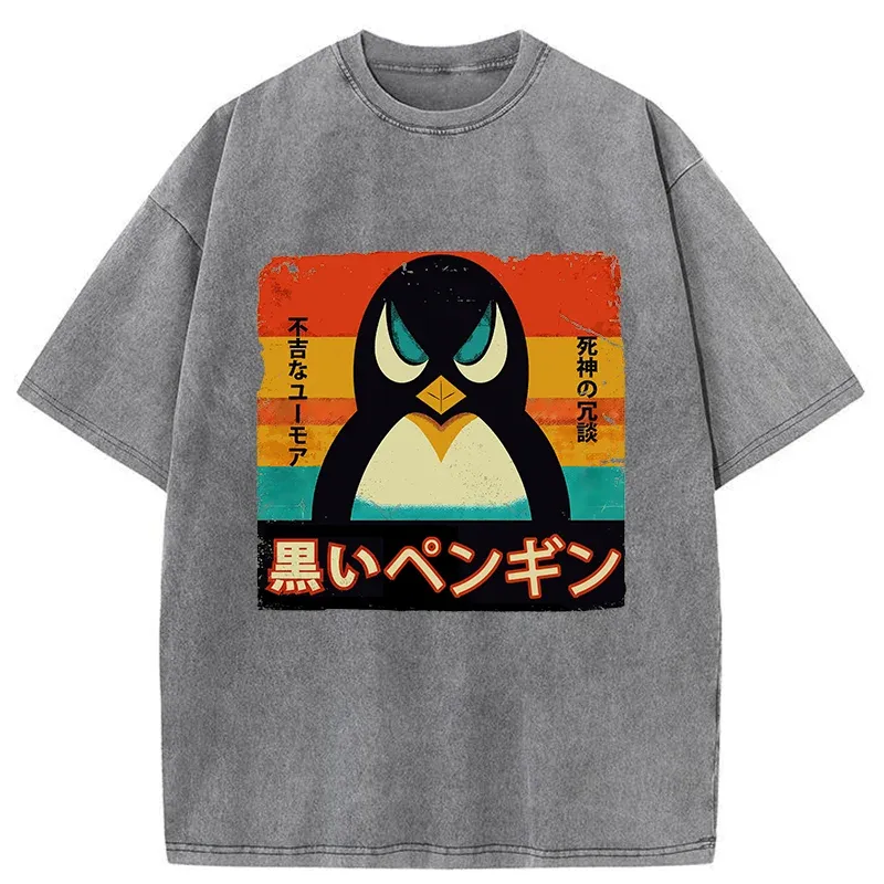 Tokyo-Tiger Black Funny Penguin Washed T-Shirt