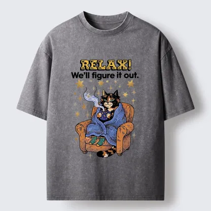 Tokyo-Tiger Chill Cat Relax Mode Washed T-Shirt