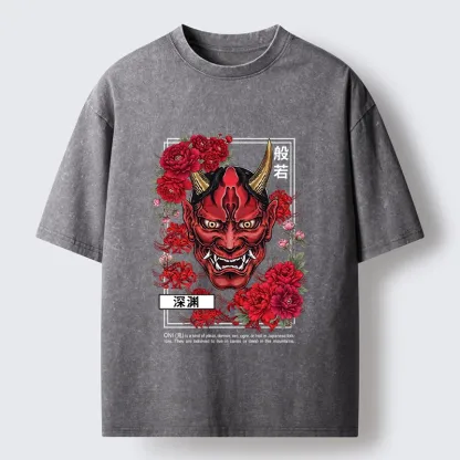 Tokyo‑Tiger Cool Oni Floral Art Washed T‑-Shirt