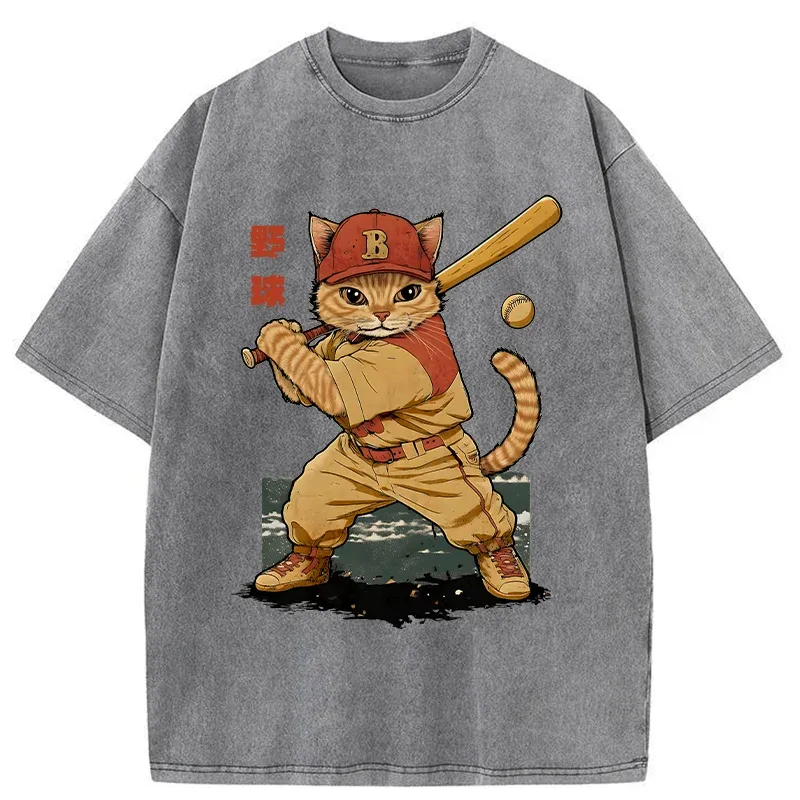 Tokyo-Tiger Baseball Cat Player Washed T-Shirt