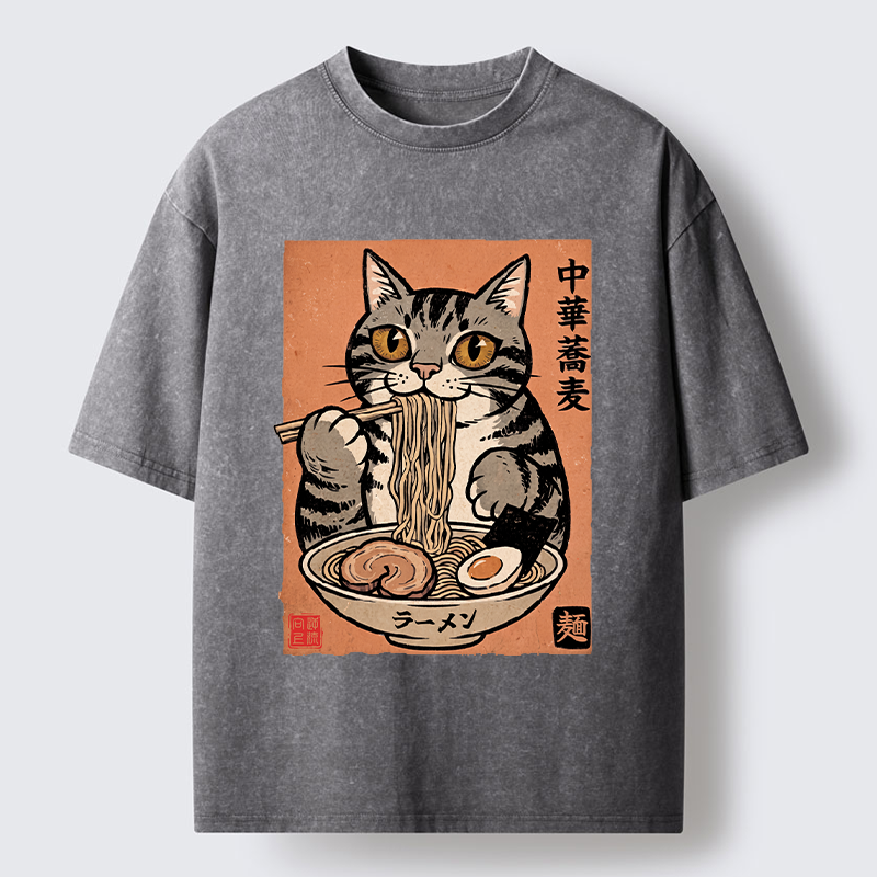 Tokyo‑Tiger Tanuki Eating Ramen Washed T-Shirt