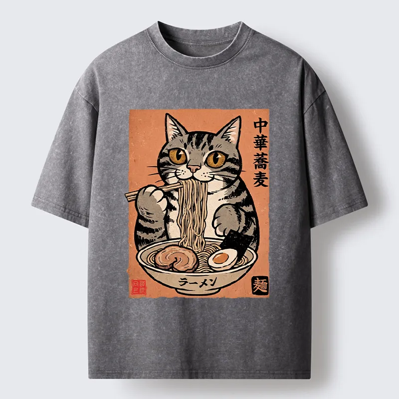 Tokyo‑Tiger Tanuki Eating Ramen Washed T-Shirt