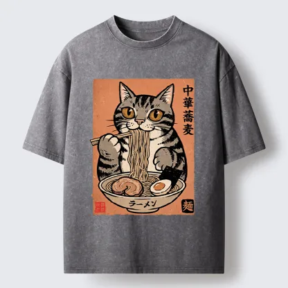 Tokyo‑Tiger Tanuki Eating Ramen Washed T-Shirt
