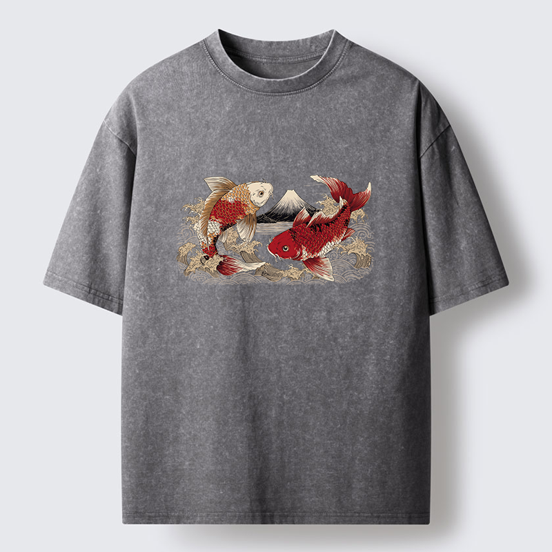 Tokyo‑Tiger Koi And Mount Fuji Washed T-Shirt