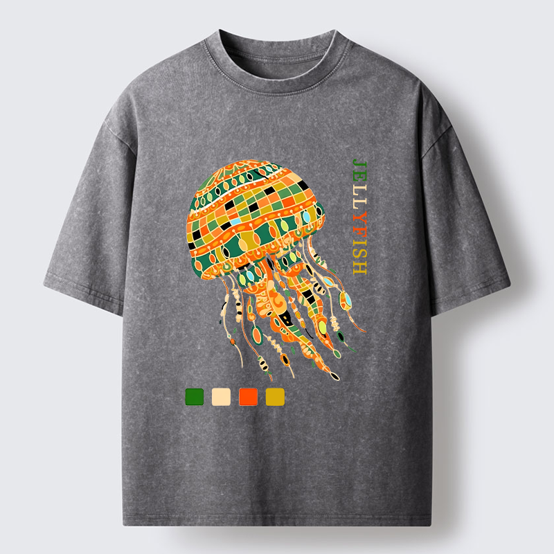 Tokyo‑Tiger Jellyfish Painting Art Washed T-Shirt