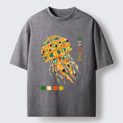 Tokyo‑Tiger Jellyfish Painting Art Washed T-Shirt
