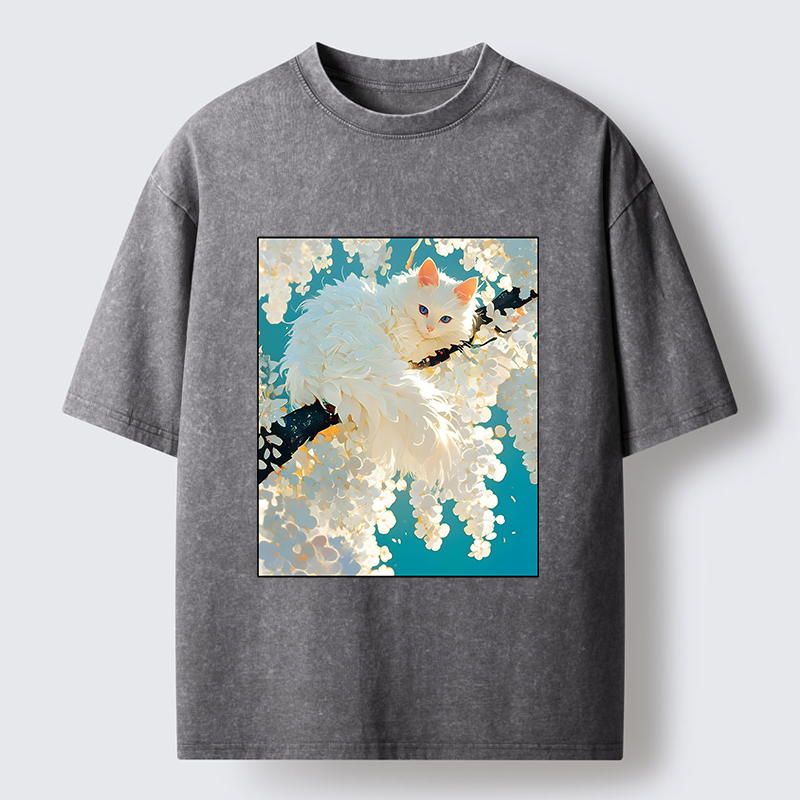 Tokyo‑Tiger Beautiful White Cat Art Washed T-Shirt