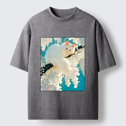 Tokyo‑Tiger Beautiful White Cat Art Washed T-Shirt