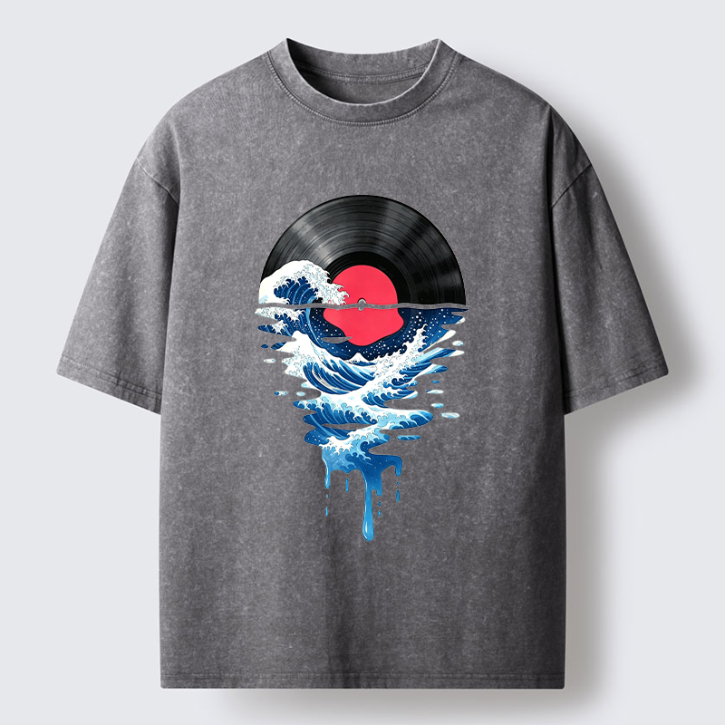 Tokyo‑Tiger Vinyl Records And Waves Washed T-Shirt