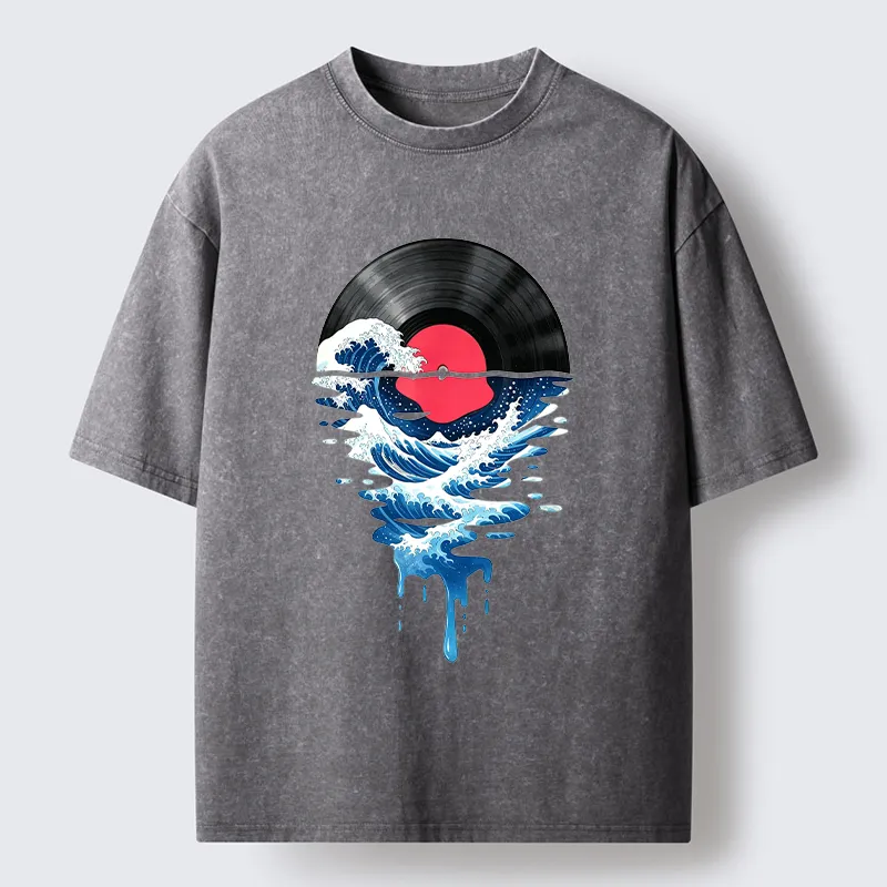 Tokyo‑Tiger Vinyl Records And Waves Washed T-Shirt