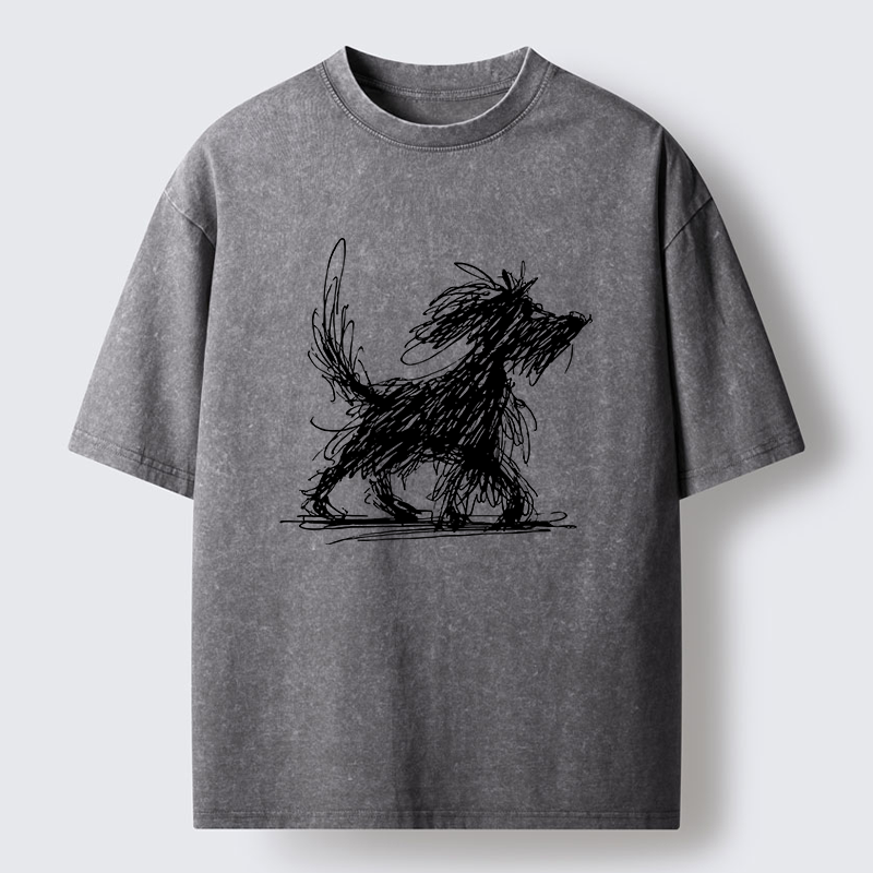 Tokyo‑Tiger Dog Line Drawing Washed T-Shirt