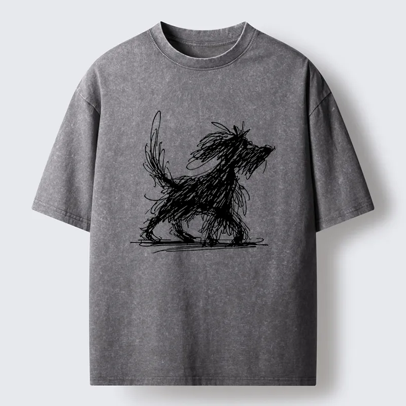 Tokyo‑Tiger Dog Line Drawing Washed T-Shirt