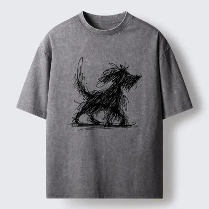 Tokyo‑Tiger Dog Line Drawing Washed T-Shirt
