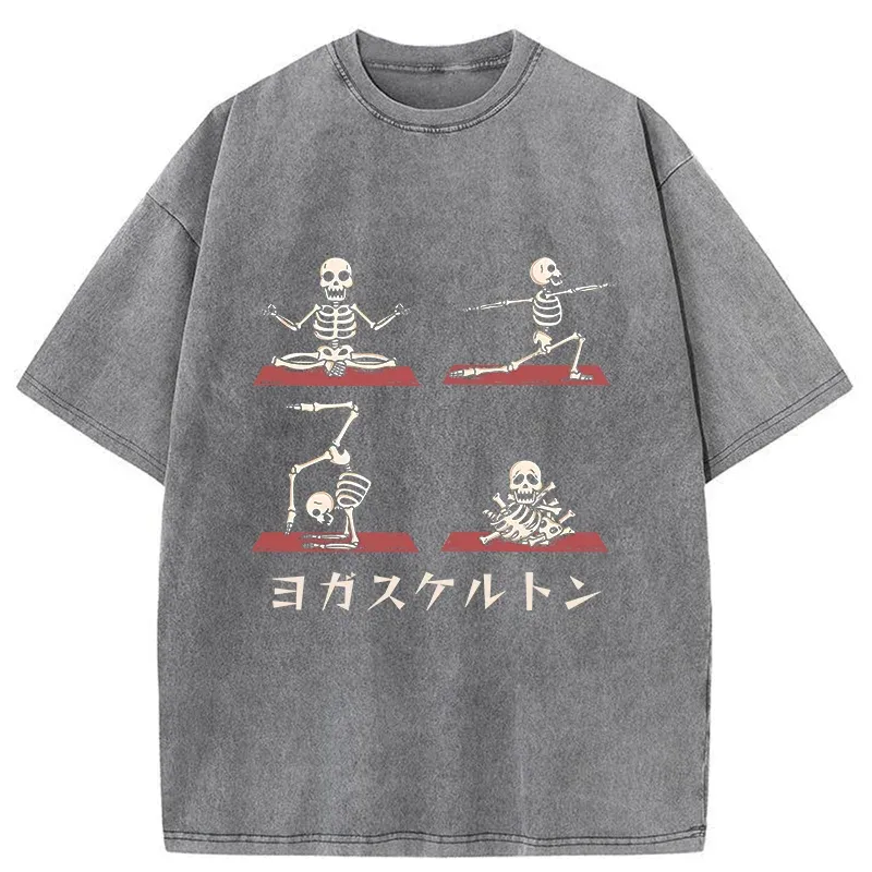 Tokyo-Tiger Skeleton Doing Yoga Washed T-Shirt