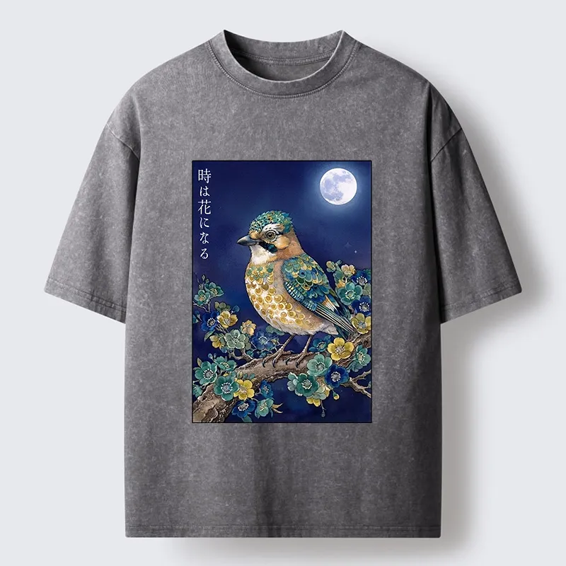 Tokyo-Tiger Moon Bird Floral Retro Art Washed T-Shirt