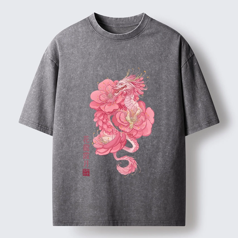 Tokyo-Tiger Pink Flower Dragon Washed T-Shirt