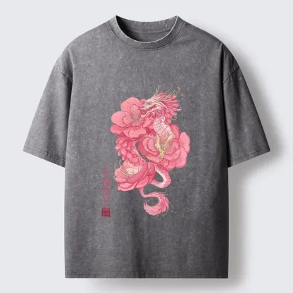 Tokyo-Tiger Pink Flower Dragon Washed T-Shirt