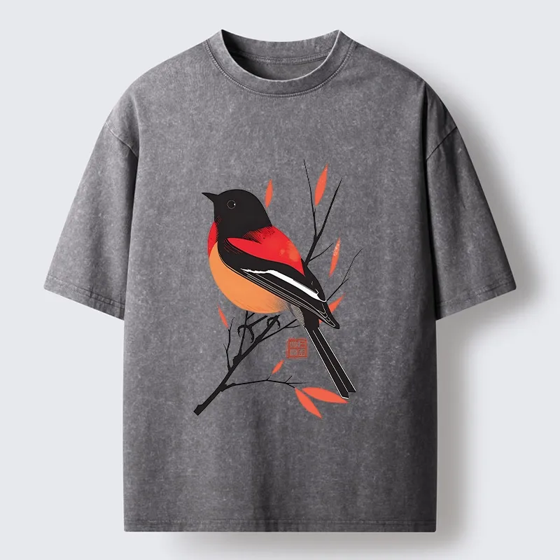 Tokyo‑Tiger Oriental Bird Graphic Washed T‑Shirt