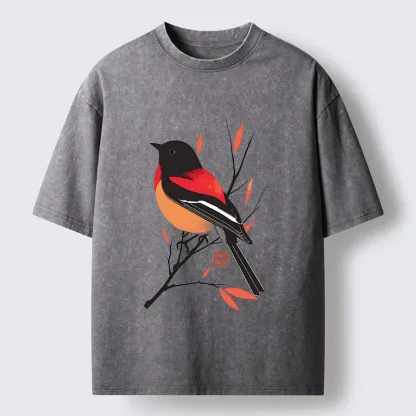 Tokyo‑Tiger Oriental Bird Graphic Washed T‑Shirt