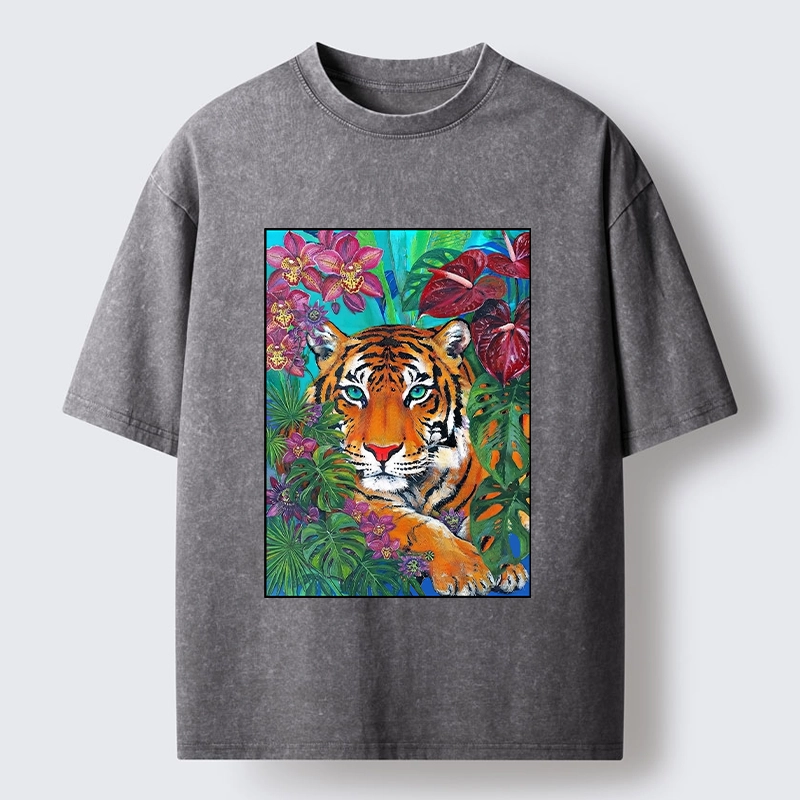 Tokyo-Tiger Floral Tiger Portrait Washed T-Shirt