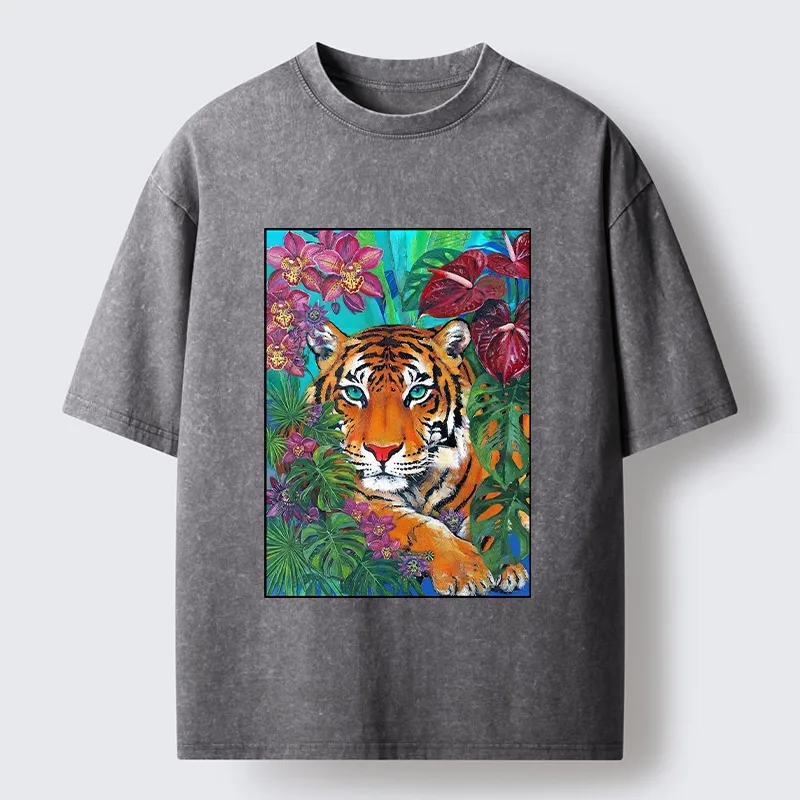 Tokyo-Tiger Floral Tiger Portrait Washed T-Shirt